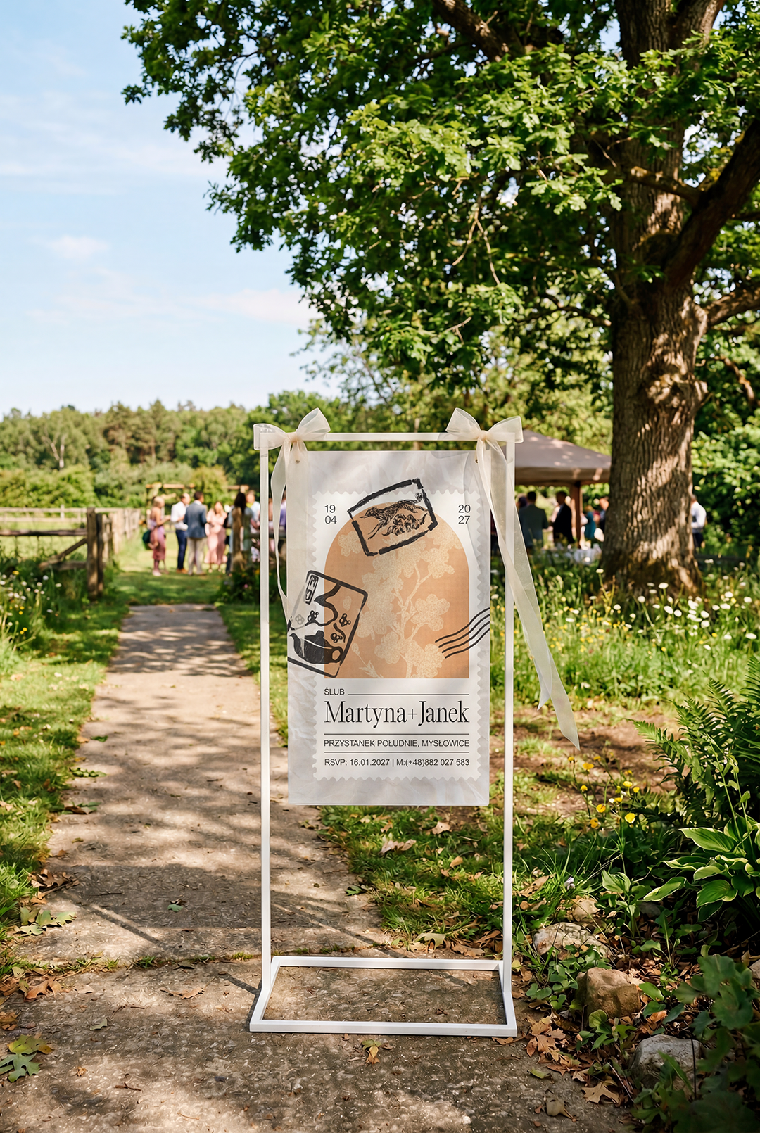 Plate 02 — Process imagery, wedding poster on a stand outdoors